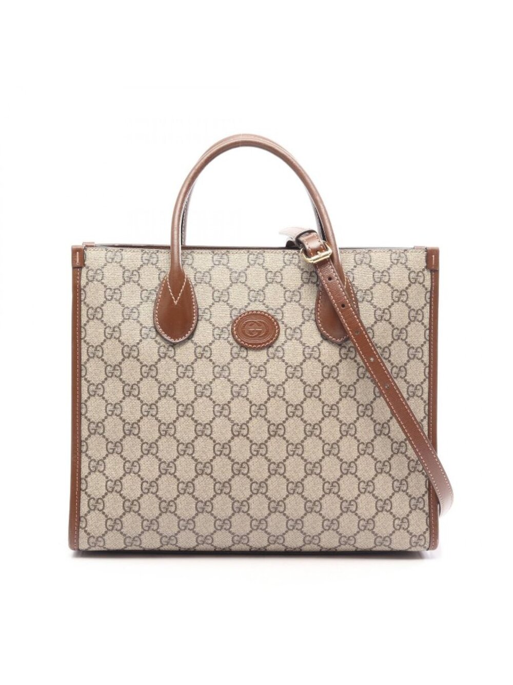 Gucci Tote Bag GG Supreme 2-Way Beige Brown Canvas Leather Small